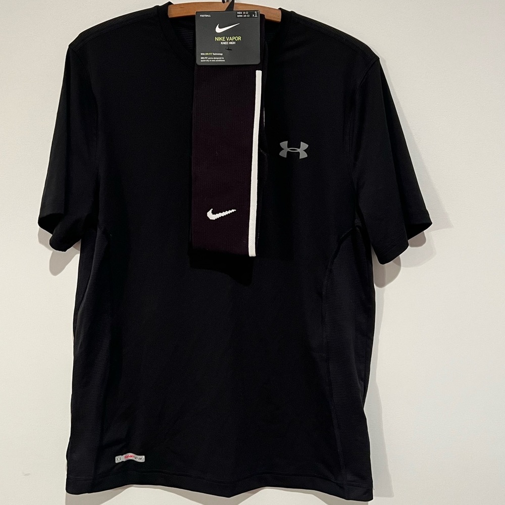 UA shirt and NWT Nike Socks